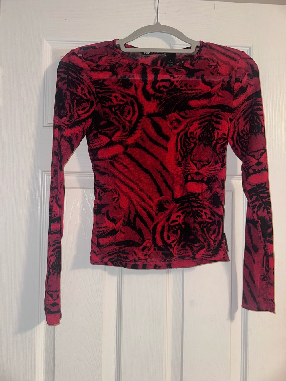 DKNY Red and Black Tiger-Print Long Sleeve Top